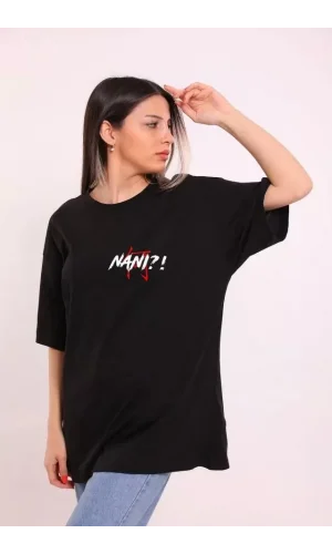 Unisex Bisiklet Yaka Baskılı Oversize T-Shirt - Siyah