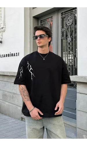 Unisex Bisiklet Yaka Baskılı Oversize T-Shirt - Siyah