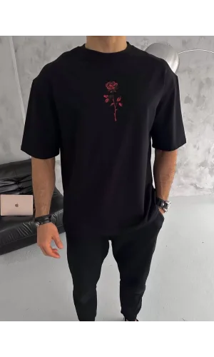 Unisex Bisiklet Yaka Baskılı Oversize T-Shirt - Siyah