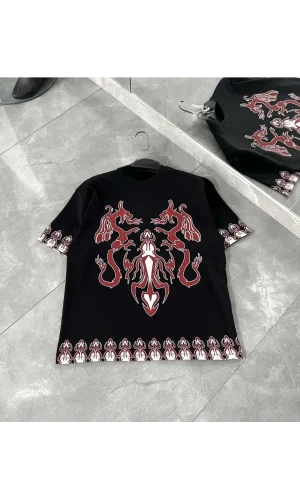 Unisex Bisiklet Yaka Baskılı Oversize T-Shirt - Siyah