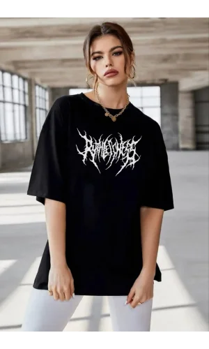 Unisex Bisiklet Yaka Baskılı Oversize T-Shirt - Siyah