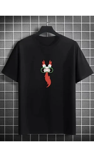 Unisex Bisiklet Yaka Baskılı Oversize T-Shirt - Siyah