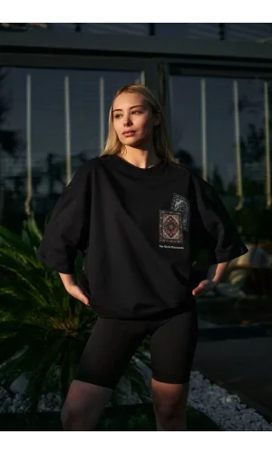 Unisex Bisiklet Yaka Baskılı Oversize T-Shirt - Siyah