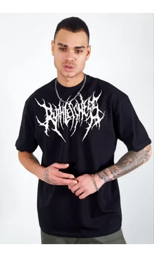 Unisex Bisiklet Yaka Baskılı Oversize T-Shirt - Siyah