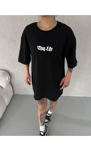 Unisex Bisiklet Yaka Baskılı Oversize T-Shirt - Siyah