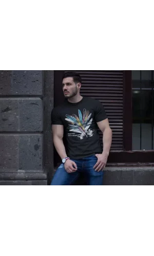 Unisex Bisiklet Yaka Baskılı Oversize T-Shirt - Siyah