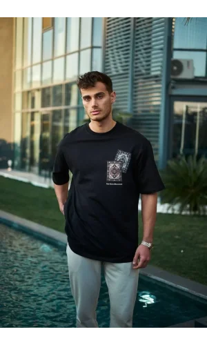 Unisex Bisiklet Yaka Baskılı Oversize T-Shirt - Siyah