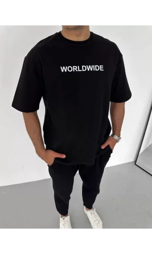 Unisex Bisiklet Yaka Baskılı Oversize T-Shirt - Siyah