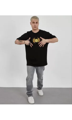 Unisex Bisiklet Yaka Baskılı Oversize T-Shirt - Siyah