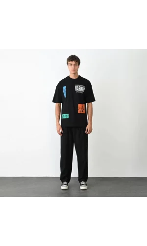 Unisex Bisiklet Yaka Baskılı Oversize T-Shirt - Siyah