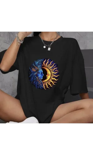 Unisex Bisiklet Yaka Baskılı Oversize T-Shirt - Siyah