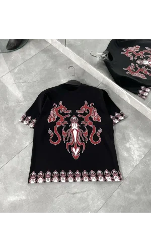 Unisex Bisiklet Yaka Baskılı Oversize T-Shirt - Siyah