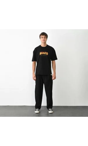 Unisex Bisiklet Yaka Baskılı Oversize T-Shirt - Siyah