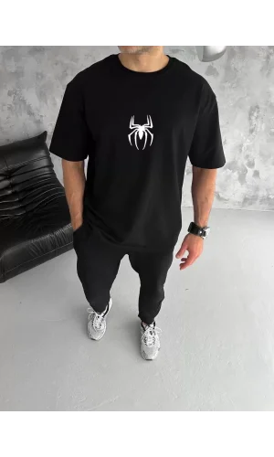 Unisex Bisiklet Yaka Baskılı Oversize T-Shirt - Siyah