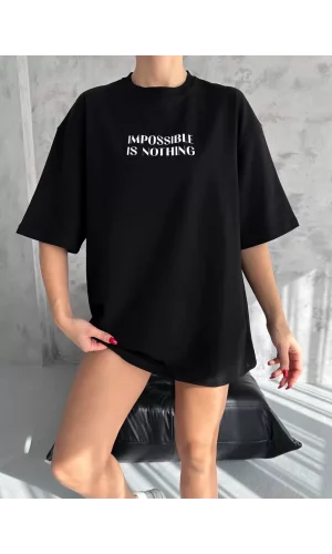 Unisex Bisiklet Yaka Baskılı Oversize T-Shirt - Siyah