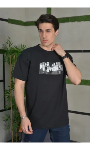 Unisex Bisiklet Yaka Baskılı Oversize T-Shirt - Siyah