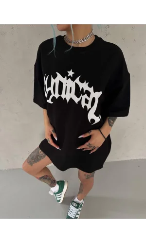 Unisex Bisiklet Yaka Baskılı Oversize T-Shirt - Siyah