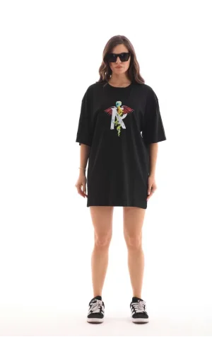 Unisex Bisiklet Yaka Baskılı Oversize T-Shirt - Siyah