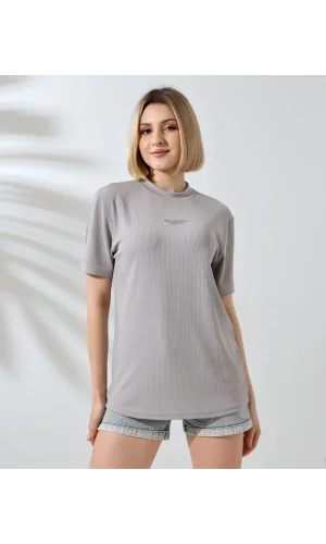 Unisex Bisiklet Yaka Baskılı Slim Fit T-Shirt - Boyalı Gri