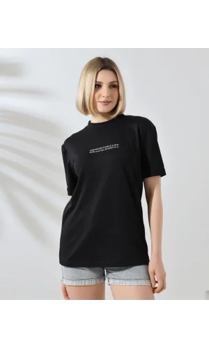 Unisex Bisiklet Yaka Baskılı Slim Fit T-Shirt - Siyah