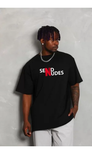 Unisex Bisiklet Yaka Double Oversize Baskılı T-Shirt - Siyah