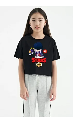 Unisex Bisiklet Yaka Kısa Kol Baskılı Çocuk T-Shirt - Siyah