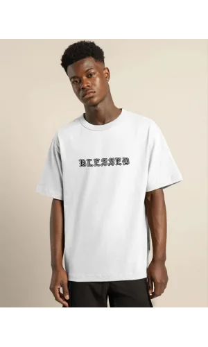 Unisex Bisiklet Yaka Oversize Baskılı T-Shirt - Beyaz