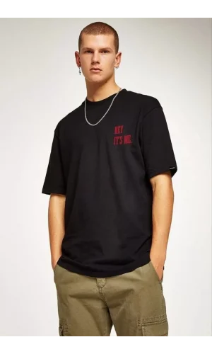 Unisex Bisiklet Yaka Oversize Baskılı T-Shirt - Siyah