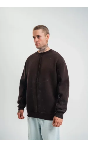 Unisex Bisiklet Yaka Özel Pis Dikişli Yıkamalı SweatShirt - Kahve