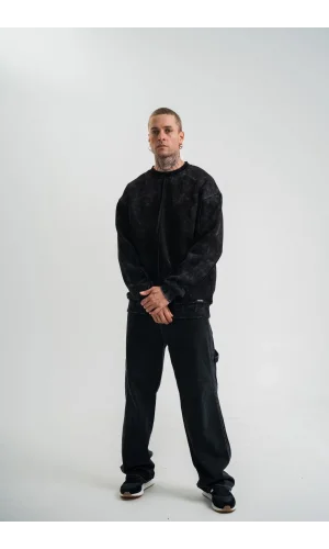 Unisex Bisiklet Yaka Özel Pis Dikişli Yıkamalı SweatShirt - Siyah