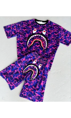 Unisex Çocuk Dijital Baskılı Şortlu Takım - Mor