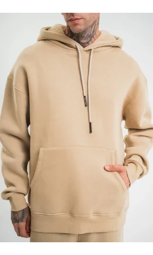 Unisex Double Oversize Kapşonlu Basic SweatShirt - Bej