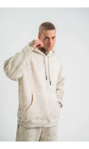Unisex Double Oversize Kapşonlu Yıkamalı SweatShirt - Krem