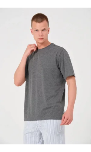 Unisex Düz Biskilet Yaka Oversize T-shirt - Füme