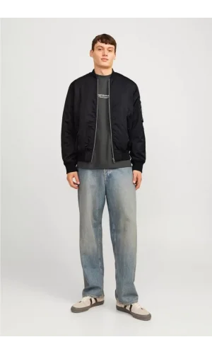 Unisex İçi Astarlı Düz Bomber Ceket - Siyah