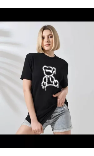 Unisex Kadın Bisiklet Yaka Baskılı T-Shirt - Siyah