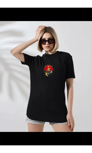 Unisex Kadın Bisiklet Yaka Baskılı T-Shirt - Siyah