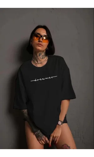 Unisex Kadın Bisiklet Yaka Baskılı T-Shirt - Siyah