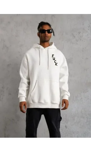 Unisex Kapşonlu Uzun Kol Baskılı Sweetshirt - Beyaz