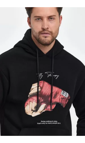 Unisex Kapüşonlu Üç İplik Oversize Baskılı Sweatshirt - Siyah