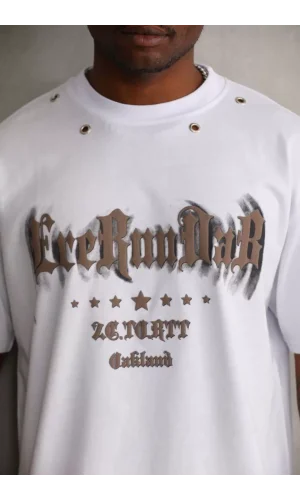 Unisex Kuşgözü Detaylı Baskılı Oversize T-Shirt - Beyaz