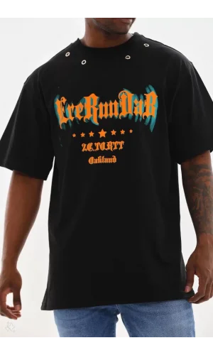 Unisex Kuşgözü Detaylı Baskılı Oversize T-Shirt - Siyah