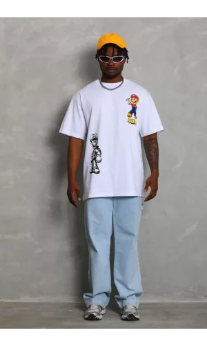 Unisex Oversize Baskılı Bisiklet Yaka T-Shirt - Beyaz