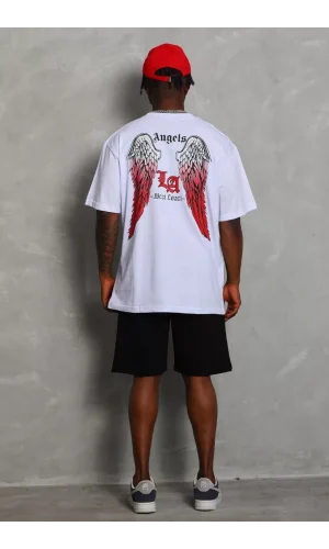 Unisex Oversize Baskılı Bisiklet Yaka T-Shirt - Beyaz