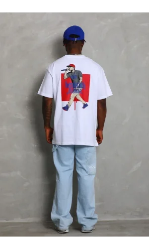 Unisex Oversize Baskılı Bisiklet Yaka T-Shirt - Beyaz