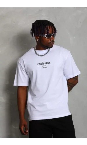 Unisex Oversize Baskılı Bisiklet Yaka T-Shirt - Beyaz