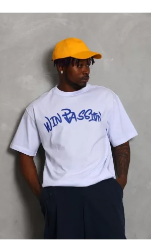 Unisex Oversize Baskılı Bisiklet Yaka T-Shirt - Beyaz