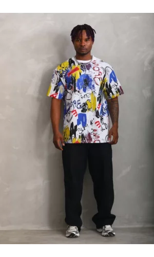 Unisex Oversize Baskılı Bisiklet Yaka T-Shirt - Beyaz