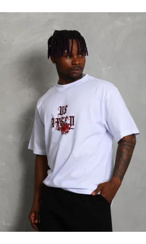 Unisex Oversize Baskılı Bisiklet Yaka T-Shirt - Beyaz