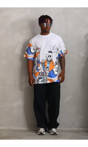 Unisex Oversize Baskılı Bisiklet Yaka T-Shirt - Beyaz